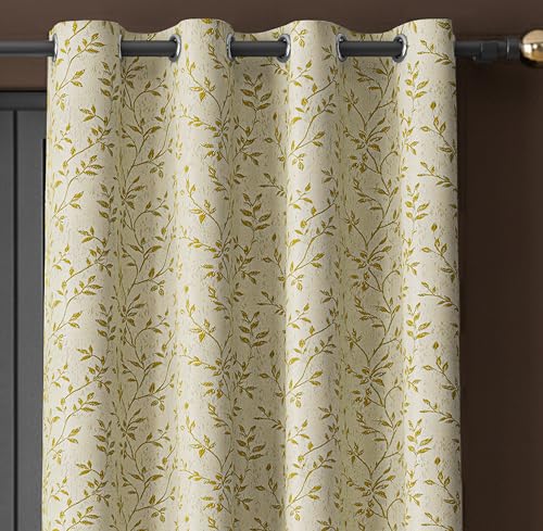 Image of Yellow Weaves 1 Pc Jacquard Leaf Eyelet Long Door Curtain - Perfect for Home, Office, Bedroom, Living Room & Balcony - 7 Feet (Golden)
