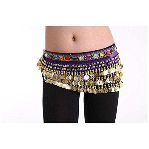 Image of VRITRAZ Women's Chiffon Belly Dance Hip Scarf Waistband Belt Skirt Mixed Colors Beads and Golded Coins 56 Black