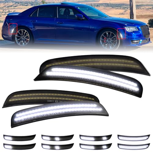 FetonAuto Dynamic White LED Side Marker Lights For Chrysler 300 2015 2016 2017 2018 2019 2020 2021 2022 2023 Front Rear Bumper Fender Smoked Lens Sidemarker Lamp Accessories