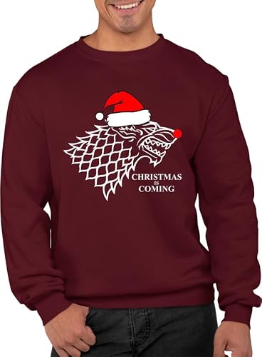 Graphic Impact Inspired Wolf In The North Ugly Christmas Theme Xmas Jumper Adults Unisex Sweater (Wine, XLarge)