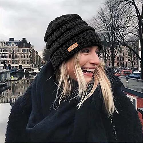 Womens Satin Lined Winter Beanie Cable Knit Beanie For Women Silk Lining Thick Chunky Hat Skull Warm Cap (Black) #TOP4