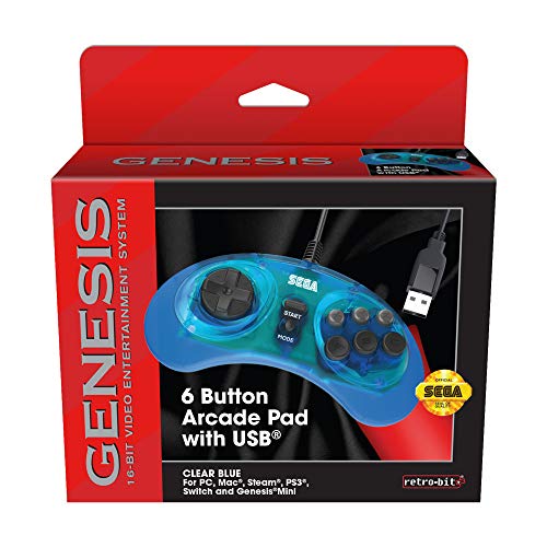 Image of Retro-Bit Official Sega Genesis USB Controller 6-Button Arcade Pad for Sega Genesis Mini, PS3, PC, Mac, Steam, Nintendo Switch - USB Port (Clear Blue)