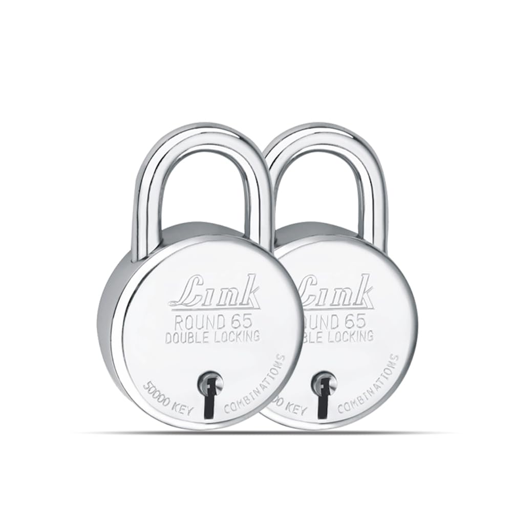 Link 65mm New Round Padlock | Steel Body | Iron Lever | Double Locking | 50,000 Key Combinations 3 Silver Keys for Each Padlocks (Pack of 2)