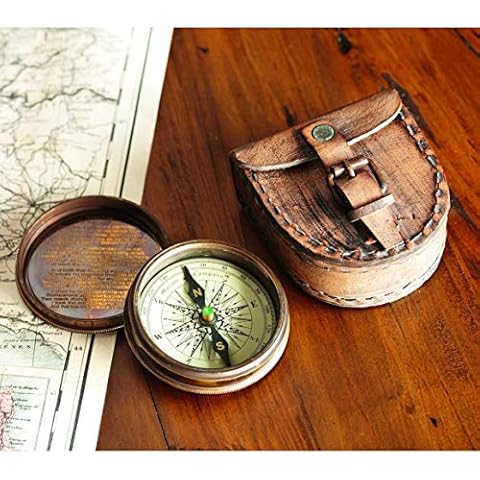 Wind & Weather Antiqued Brass Poem Compass With Leather Case Cover