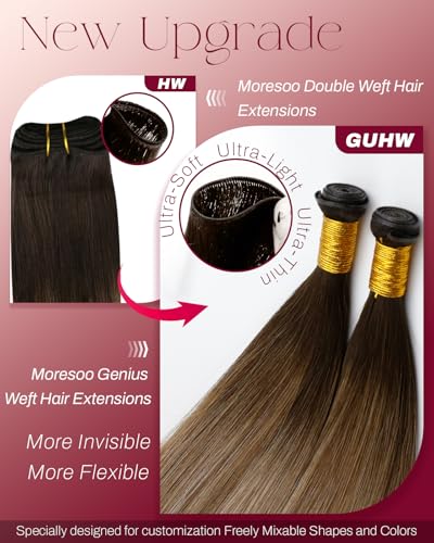 Image of Moresoo Genius Weft Hair Extensions Human Hair, Balayage Medium Blonde to Toffee Brown with Warm Beige Blonde 20inch 60g, Invisible Sew in Hair Extensions Real Remy Soft Straight for Volume Daily Wear
