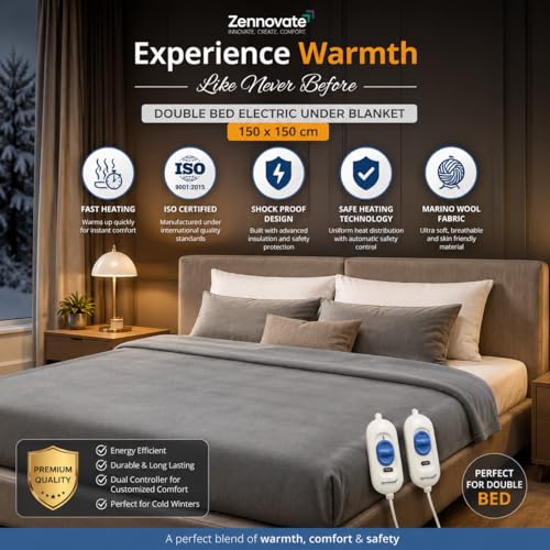 Image of Superior ISO Certified & ZED Certified Electric Under Blanket | Double Bed Size(150cmx150cm) | Shock Proof | Bed Warmer with Multiple Heat Controls (Body, Foot, High, Low) |10 Year Warranty