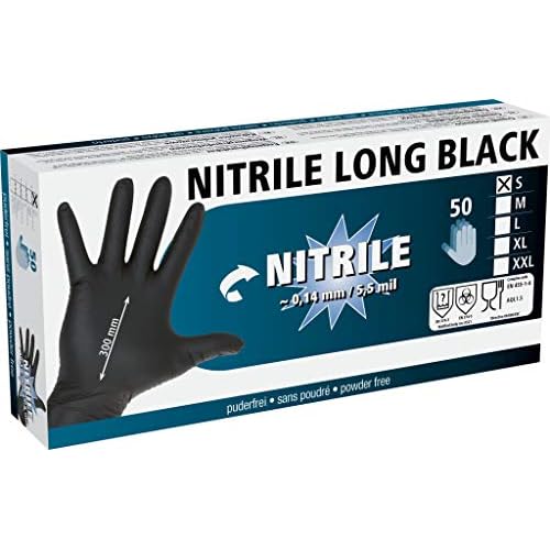 Kerbl 15323 Nitrile Lang Schwarz Einmalhandschuhe, 30cm Länge, XL, 50 Stück