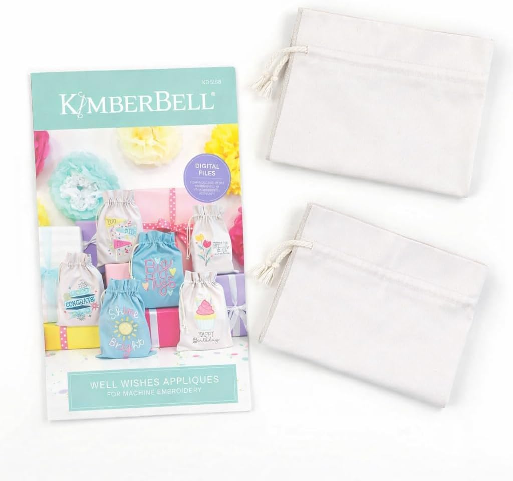 Kimberbell Well Wishes Embbroidery Designs + 2 Grey Cinch Sacks Bundle | 5x7 Hoop | Machine Embroidery Gift Set | DIY Appliqué Projects
