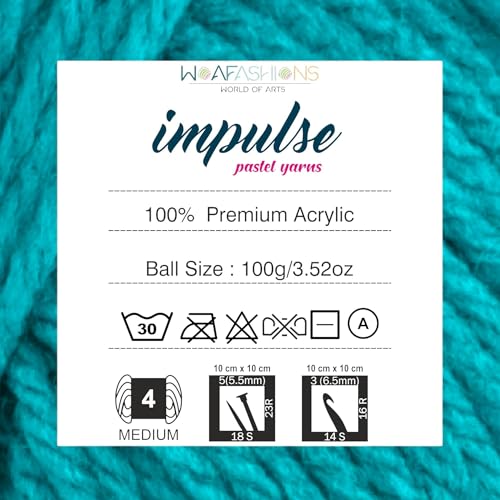 Image of WOAFashions Impulse Hand Knitting & Crochet Yarn, Premium Acrylic, 4 : Medium (Turquoise Blue) (2x100gms / 3.5oz / 200mtr / 218yds)