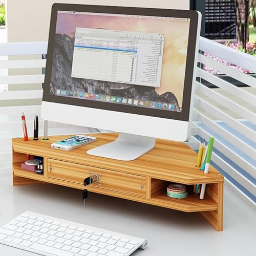 Generisch Soporte para monitor con soporte para bolígrafos/cajón, triangular, elevado, para ordenador portátil, TV/tableta, organizador de oficina con 2 estantes, color marrón