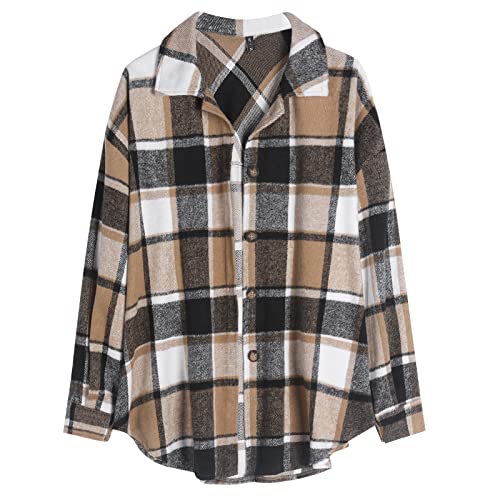 ZAFUL Women's Plaid Long Sleeve Shirt Button Down Wool Blend Thin Jacket Casual Blouse Tops with Pocket ZAFUL Women's Plaid Long Sleeve Shirt Button Down Wool Blend Thin Jacket Casual Blouse Tops with Pocket