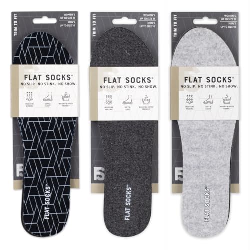FLAT SOCKS 3 Pack Washable No Show Sockless Shoe Liners, Barefoot Show Inserts for Women and Men, Non Slip, Odor Control, Black, Dark & Light Heather Grey (Small)