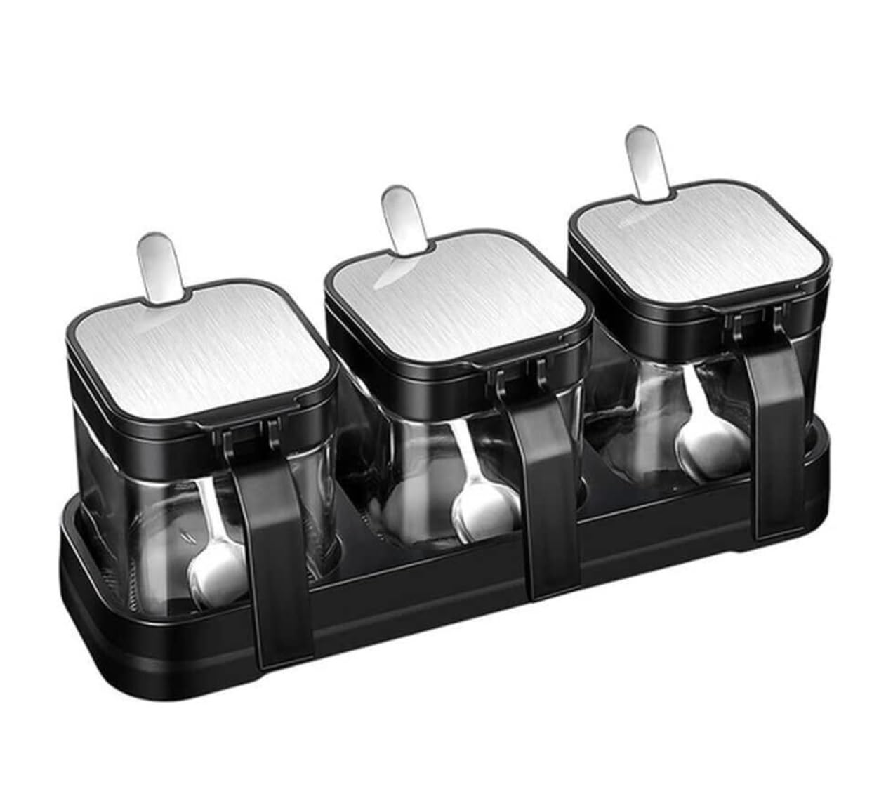Pots à Épices Assaisonnement Box Set Coffret D'assaisonnement De Cuisine, 3 Pièces, Pot Combiné En Verre, Salière, Réservoir De Céréales, Ensemble De Sucre Avec Couvercle, Cuillère Et Plateau Pots à S
