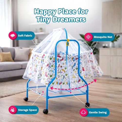 Image of Amazon Brand - Supples Baby Cradle with Swing & Mosquito Net | 0-8 Months | Swing Lock | 4 Wheels with Brake | Soft & Comfortable for Baby Sleep | Sturdy Mild Steel Frame | Blue
