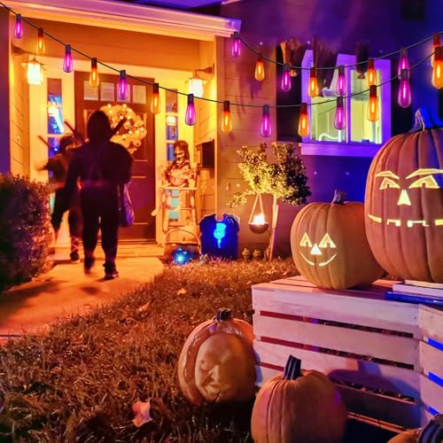 Image of GOOTHY LED Outdoor Halloween Orange and Purple String Lights 10Ft Halloween Decorations Lights with 11 Shatterproof Bulbs, Hanging Patio Lights Outdoor Waterproof for Party Backyard Garden Decor