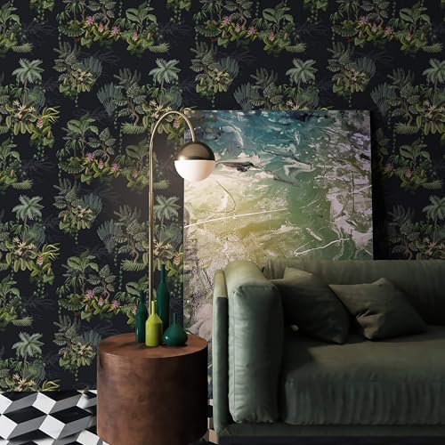 Ismoon Tropical Peel and Stick Wallpaper Black Green Contact Paper Dark Leaf Forest Wall Paper Stick and Peel Vinyl Removable Self Adhesive Wallpaper for Bedroom Cabinet 16.1x393in by Ismoon - Image 2