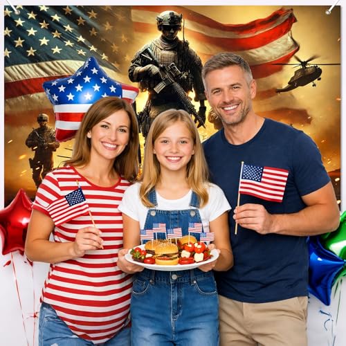 Image of BlissYard 4th of July Banner Patriotic Military Soldier Backdrop 71 x 43 Inches American Flag Fireworks Decorations Banner for Outdoor Yard Party Memorial Day Veterans Day Independence Day Decor