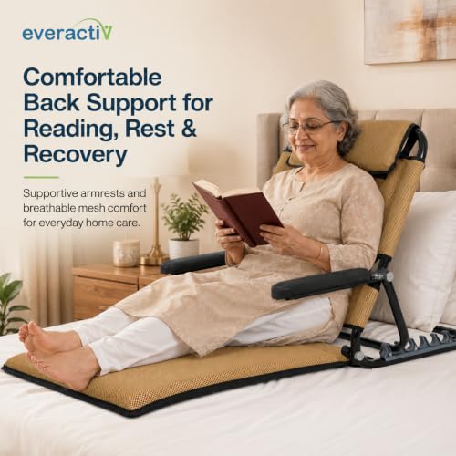 Image of Everactiv Adjustable Bed Back Support with Armrest, Foldable 6 Position Bed Rest Chair for Elderly, Reading, Resting & Recovery