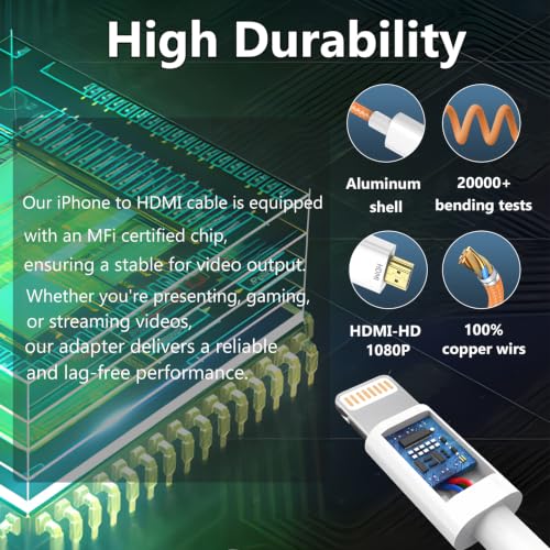Image of KikoSaka Lightning to HDMI Cable for iPhone TV Adapter Apple MFi Certified | 1080P HD Video Sync Screen Connector iPhone 14 /13 /12 /11 /X /8 /7 to HDMI for Digital AV Projector Monitor 6.6FT Woven Orange