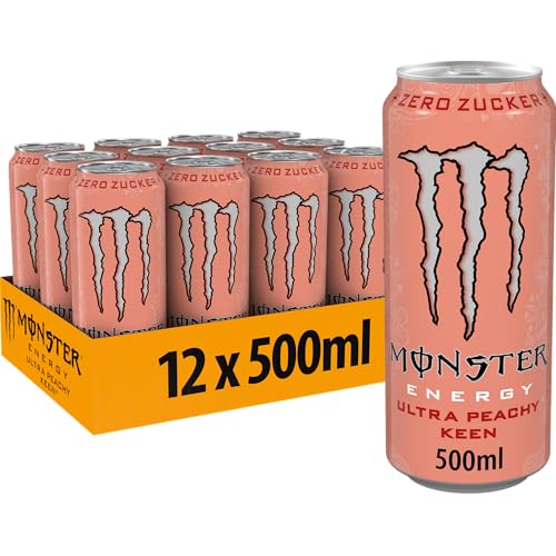 Monster Energy Ultra Peachy Keen - koffeinhaltiger Energy Drink mit erfrischendem Pfirsich-Geschmack - ohne Zucker und ohne Kalorien - in praktischen Einweg Dosen (12 x 500 ml)