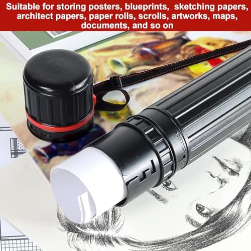 YUNXIASW Schwarz Teleskop Posterrolle, bis Größe A0, Verstellbarer Tragegurt, Schraubdeckel, 45-70 cm, Kunststoff, Posterrolle Dokumentenrolle