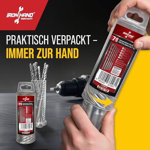 Iron Hand Germany - SDS Plus Bohrer 7er Set - 5mm, 6mm, 6mm, 8mm, 8mm, 10mm, 12mm - Betonbohrer, Hammerbohrer für Stahlbeton, Beton, Mauerwerk - 4 Vollhartmetall Schneiden - robust, langlebig