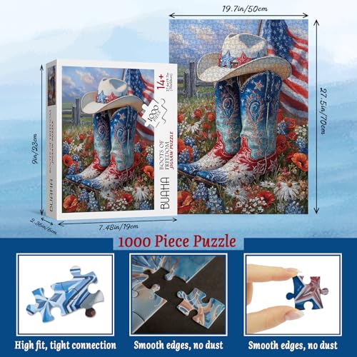 Puzzle Cowboy Boot Shoe Flowers para adultos 1000 piezas Naturaleza con arte patriótico americano plano estilo western miniatura 2