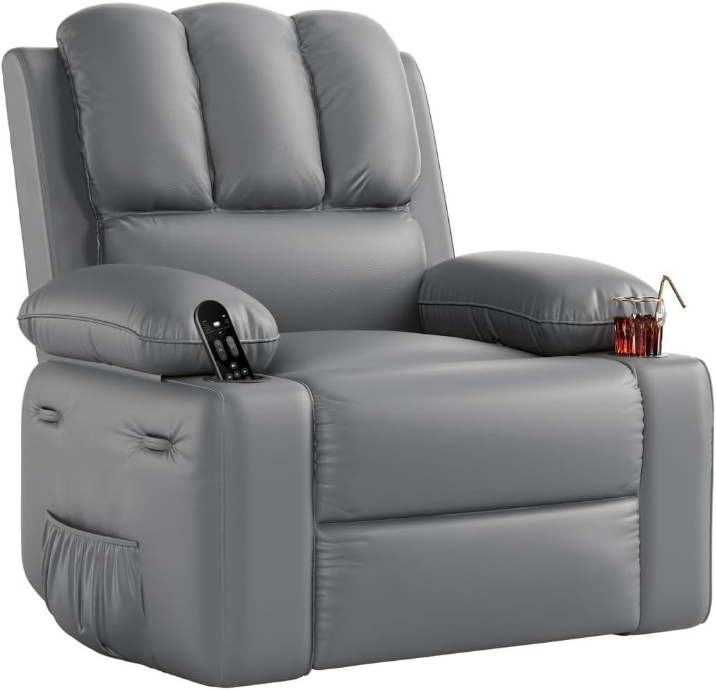 Front view of the Garvee oversized recliner chair in grey, showing the integrated cup holders on the armrests and a side storage pocket.