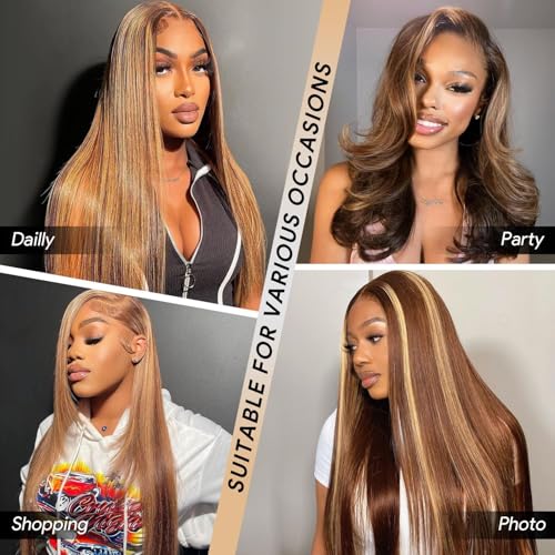 Highlight Honey Blonde Straight Human Hair Wig 13x4 HD Transparent Lace Front Wigs Human Hair,4/27 Ombre 210 Density Real Hair Wigs for Women Pre Plucked Natural Hairline with Baby Hair 24Inch - Image 6