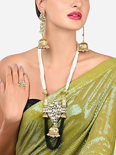 Image of ZAVERI PEARLS Green Multistrand Beaded Long Kundan Necklace Earring Ring Set For Women-ZPFK16019