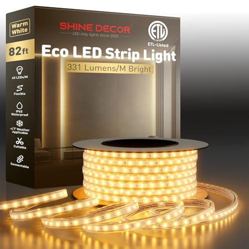 Image of Shine Decor LED Strip Light Easy Connectable, 2800K Warm White Cold Resist Weatherproof Plug-in for Indoor Outdoor, 101 LM /FT Dimmable Bright Eco Rope Lighting 82FT, 120V Whole Set ETL Listed