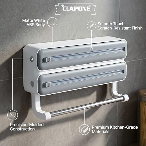 Image of Foil Paper Cutter and Holder Aluminium Foil and Plastic Wrap Organizer with Paper Towel Holder Compatible with Cling Film Tin Foil and Wax Paper Plastic Wrap Dispenser Cutter (Grey, Dual Layer)