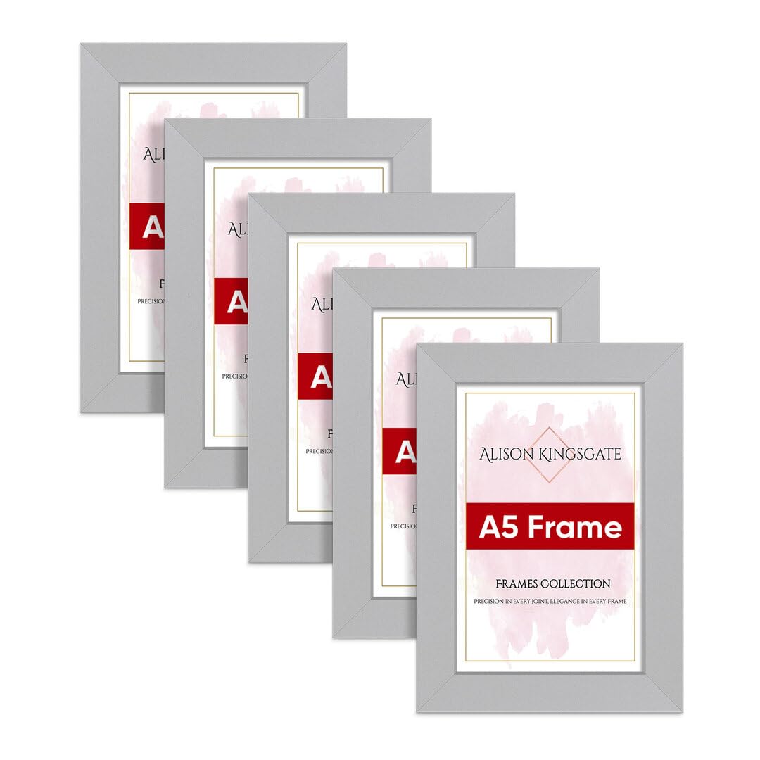 Alison Kingsgate Modern A5 SILVER Photo Frame Pack of 5-Engineered Wood Picture Frames with Shatterproof Perspex - Ideal for Artwork-Wall Mount or Tabletop - Multiple Sizes & Colours Available — image 1