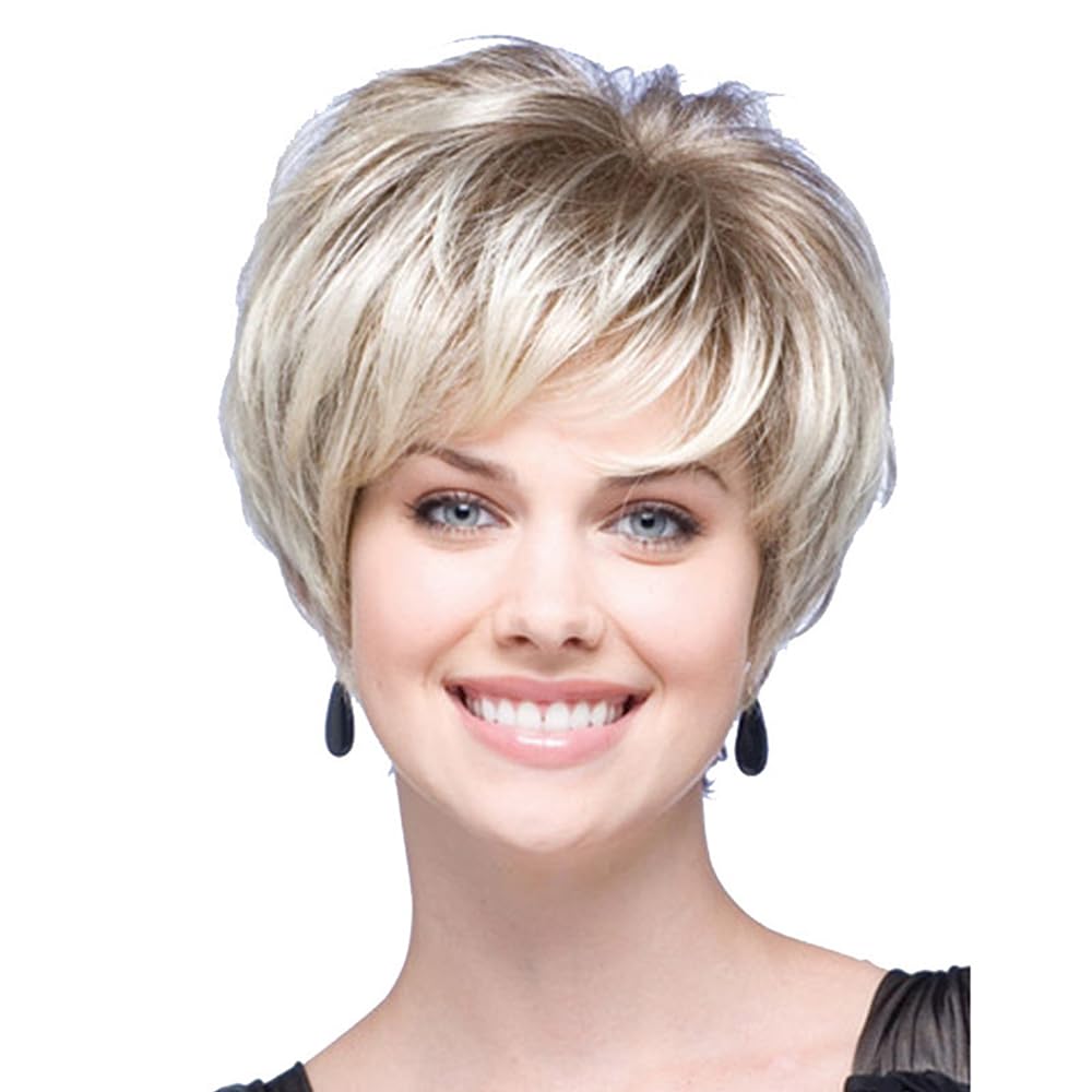YuanYouTong Short Blonde Wigs for Women Pixie Cut Wig with Bangs Ladies Natural Layered Synthetic Hair Wig Blonde Mix White Wig for Daily Fancy Dress Accessory Costume Cosplay Halloween Party Use - Image 2