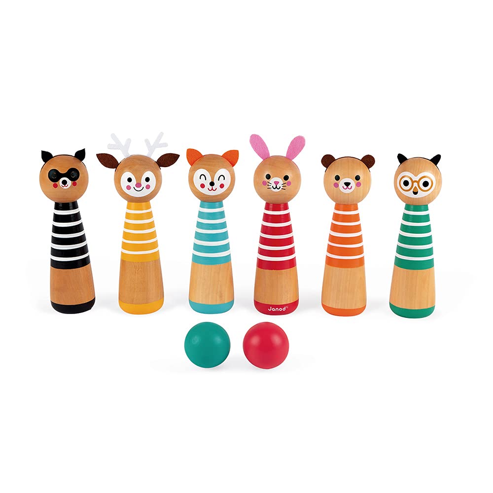 Janod - Mes Premières Quilles Happy Garden - Jeu de Plein Air pour Enfant - 6 Quilles et 2 Boules en Bois - Dès 3 Ans, J03200