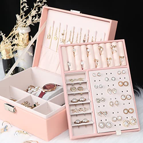 Jewelry Box For Women Girls,Jewelry Organizer Container With Lock,Pu Leather Storage Case With Removable Tray,Jewelry Display Holder For Necklaces Earrings Bracelets Rings Watches - Pink #TOP5