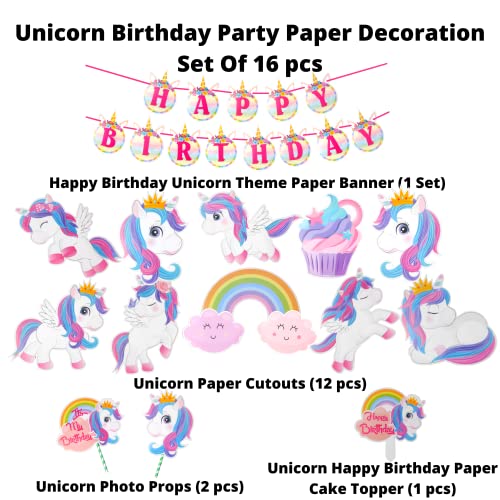 Image of Party Decorz Unicorn Theme Birthday Paper Decoration Set Of 16 pcs(1 pcs Happy Birthday Banner + 12 pcs Unicorn Paper Cutout + 2pcs Props + 1 pcs Cake Topper) For Unicorn,Rainbow Theme Birthday Party