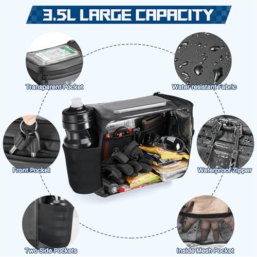 Image of WOTOW Bike Front Handlebar Bag - Large Reflective Bicycle Handlebar Basket Bags Waterproof Storage Pannier for Bike Touchable Transparent Phone Holder Pouch for Men Women Road MTB Outdoor Cycling 3.5L