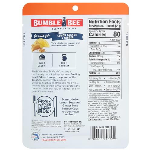 Image of Bumble Bee Lemon Sesame & Ginger Seasoned Tuna Pouch - Wild Caught and Ready to Eat for Snack, Salad, Korean Tuna Bowl - 14g Protein per Serving - 2.5 oz Packet (Pack of 1)