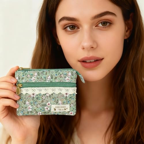 Image of Women Small Zipper Coin Purse, Handmade Fabric Flower Embroidered Change Pouch, Cotton Double Zipper Wallet