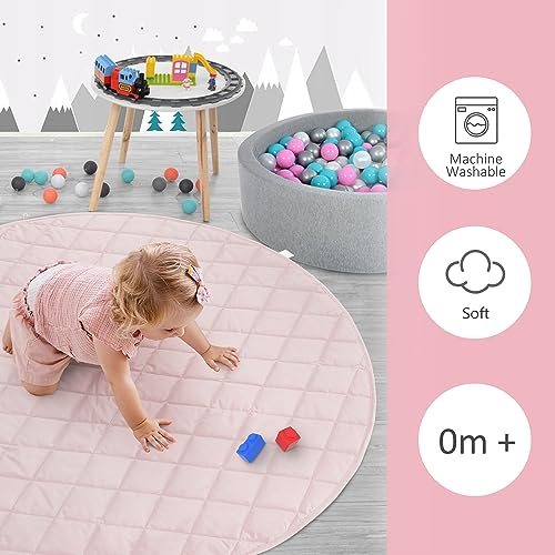Krabbeldecke für Baby, Spieldecke Baby 140 cm Rund Gesteppte Matte, Dicke 1,5 cm Baumwolle Spielmatte Kinder Baby Weiche Krabbelmatte zum Krabbeln und Spielen-Rosa