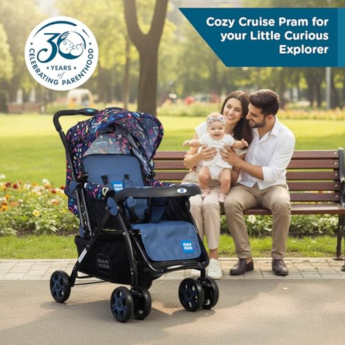 Image of Mee Mee Cozy Cruise Baby Stroller /Pram (Blue Black) | Premium Foldable Pram with 5-Point Safety Harness, One-Hand Fold, Multi-Recline Cushioned Seat, Adjustable Canopy & 360 Wheels | 0-3 Yrs