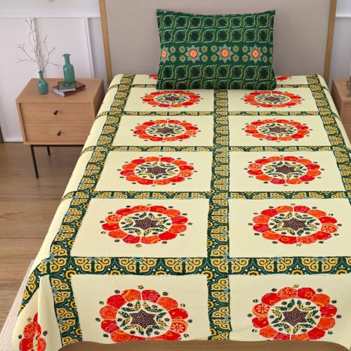 Image of 100% Cotton Single Bedsheet with 1 Pillow Cover | 240 TC Pure Cotton Flat Bed Sheet | Traditional Jaipuri Printed Bedding Set | Soft & Breathable | 60 x 90 Inch (Rangmahal Single 69)
