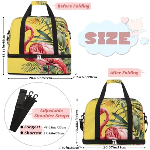 Travel Duffel Bags Flamingo Palm Leaf Foldable Weekender Bags for Women with Shoes Compartment Waterproof & Tear Resistant Carry on Overnight Luggage Duffel Bag Shoulder Sports Tote Bag,A-7682