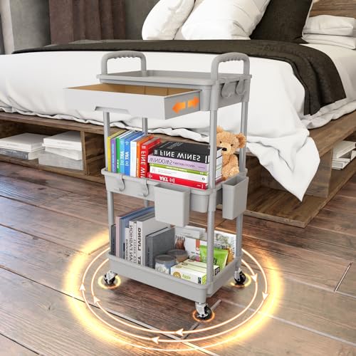 Image of 3 Tier Rolling Utility Cart with Drawer,REBECAT Utility Cart Made of Multifunctional Storage Organizer Tool for Kitchen,Bathroom,Living Room,Office(Gray)