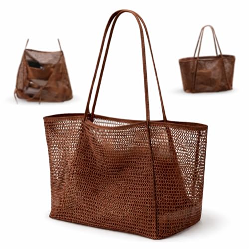 Bolsa Praia Transparente Grande Feminina, Sacola de Praia Piscina, Viagem Verão, Moda Praia, Férias e Lazer, Versátil e Prática com Bolso Interno e Zíper à Prova d’Água, Seca Rápido, lavável (marom)