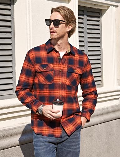 TACVASEN Flannel Shirt for Men Long Sleeve Plaid Shirt Corduroy Cuff Collar Casual Lightweight Cotton Button Down Shirts2