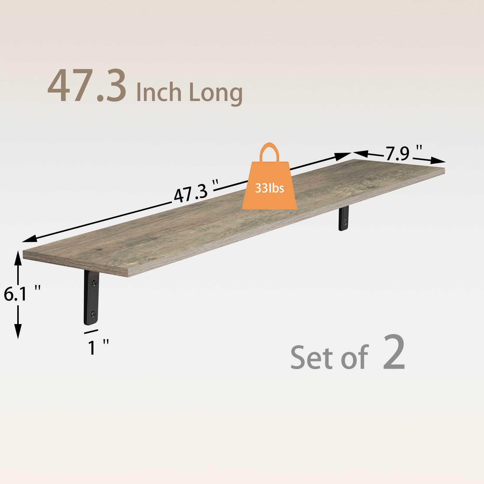 DINZI LVJ Długie półki ścienne, 117 cm półki montowane na ścianie, zestaw 2 sztuk, bardzo duże półki do przechowywania na ścianie z solidnymi metalowymi wspornikami, do salonu, łazienki, sypialni,
