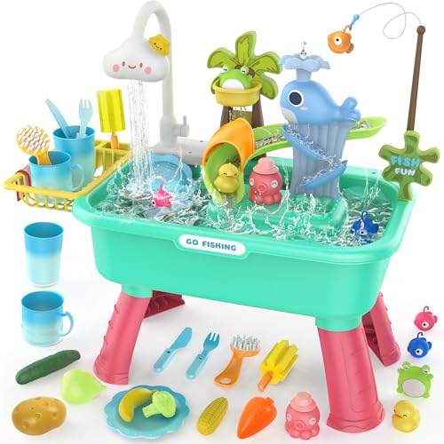 4-in-1 Electric Water Table Toy for Toddlers 1-3,Kitchen Play Sink Toys with Running Water for Kid with Water Pump,Animals, Food, Tableware,Color Changing Pretend Role Birthday Toy for Boy and Girl