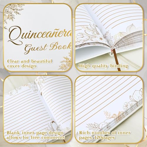 Image of MotiMind Quinceanera Guest Book with Pen 11 x 8 Inch Libro De Firmas Para 15 Anos Quinceanera Leather Hardcover Signature Book Guest Sign in for 15th Party Favors Decoration (White Gold,Floral)